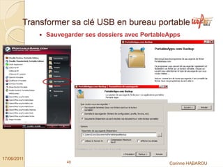 Transformer sa clé USB en bureau portable
              Sauvegarder ses dossiers avec PortableApps




17/06/2011
                    48                              Corinne HABAROU
 