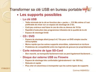 Transformer sa clé USB en bureau portable
               Les supports possibles
               ◦ La clé USB
                  Taille minimale de la clé en fonction des « packs » : 512 Mo même s’il est
                  préférable de miser sur un espace de stockage de 2 Go.
                  Coût peu onéreux sauf dans le cas de clés au dessus de 16 Go
                  Rapidité d’exécution des programmes tributaire de la qualité de la clé
                  Espace de stockage limité

               ◦ CD / DVD
                  Espace de stockage allant jusqu’à 4,7 Go pour un DVD simple couche
                  réinscriptible
                  Moins rapide que les autres supports amovibles, notamment en écriture
                  Problèmes de compatibilité entre les logiciels de gravure (si propriétaires)

               ◦ Carte mémoire de type SD-Card
                  Bon marché, se transporte facilement mais se perd également facilement …

               ◦ Disque dur externe USB ou Firewire
                  Espace de stockage très confortable (généralement + de 100 Go)
                  Robuste et rapide
                  Plus cher et volumineux à transporter que les autres types de supports
17/06/2011
                      5                                                  Corinne HABAROU
 