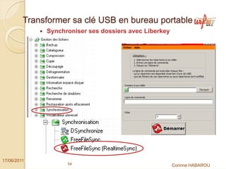 Transformer sa clé USB en bureau portable
              Synchroniser ses dossiers avec Liberkey




17/06/2011
                    54                                  Corinne HABAROU
 
