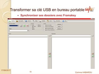 Transformer sa clé USB en bureau portable
              Synchroniser ses dossiers avec Framakey




17/06/2011
                    55                              Corinne HABAROU
 