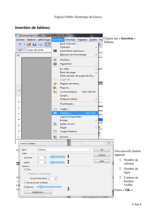 Esp@ce Public Numérique de Gouvy
Insertion de tableau.
Cliquez sur « Insertion »
Tableau.
Une nouvelle fenêtre
apparaît.
1. Nombre de
colonne
2. Nombre de
ligne
3. Contour de
bordure
visible
Faites « OK »
6 Sur 6
1
2
3
 