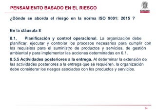 PENSAMIENTO BASADO EN EL RIESGO
¿Dónde se aborda el riesgo en la norma ISO 9001: 2015 ?
En la cláusula 8
8.1. Planificació...