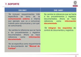 7. SOPORTE
DIS 9001 DIS 14001
Se incluyen requerimientos más
específicos en torno de la
comunicación externa e interna
Se ...
