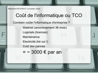 Webschool 03/12/2012 / Le bureau virtuel



         Coût de l'informatique ou TCO
      Combien coûte l'informatique d'entreprise ?
                  Matériel (amortissement 36 mois)
                  Logiciels (licences)
                  Maintenance
                  Electricité (hé oui !)
                  Coût des pannes

                  = ~ 3000 € par an
 
