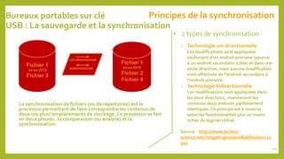 Principes de la synchronisation
• 2 types de synchronisation
o Technologie uni-directionnelle
Les modifications sont appliquées
seulement d'un endroit primaire (source)
à un endroit secondaire (cible) et dans une
seule direction, mais aucune modification
n'est effectuée de l'endroit secondaire à
l'endroit primaire.
o Technologie bidirectionnelle
Les modifications sont appliquées dans
les deux directions, maintenant les
contenus deux endroits parfaitement
identiques. Ce principe est à nuancer
selon les fonctionnalités plus ou moins
riches du logiciel utilisé.
Source : http://www.techno-
science.net/?onglet=glossaire&definition=11
510
La synchronisation de fichiers (ou de répertoires) est le
processus permettant de faire correspondre les contenus de
deux (ou plus) emplacements de stockage. Ce processus se fait
en deux phases : la comparaison (ou analyse) et la
synchronisation.
Bureaux portables sur clé
USB : La sauvegarde et la synchronisation
uni-directionnel
Fichier 1
xx-xx-2015
Fichier 2
Fichier 4
Fichier 1
xx-xx-2015
Fichier 3
bidirectionnel
100
 