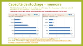 Capacité de stockage = mémoire
• Réalité de tests en lecture et en écriture de fichiers sur des disques durs externes suivant
les interfaces de connexion à l’unité centrale
Tests réalisés à partir de la copie de gros fichiers (deux films en haute définition pour 6 Go au total)
13
Source : http://www.infos-stockage.com/dossiers/imprimer_t658.html (2010)
(lien mort, pour l’afficher : http://wayback.archive.org/web/20121110200708/http://www.infos-
stockage.com/dossiers/imprimer_t658.html)
 