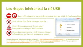 Les risques inhérents à la clé USB
Panneau sens interdit : By Kingroyos (Own work) [CC BY-SA 3.0 (http://creativecommons.org/licenses/by-sa/3.0 )], via Wikimedia Commons
Panneau interdit aux deux et quatre roues : By Roulex 45 [GFDL (http://www.gnu.org/copyleft/fdl.html ) or CC BY-SA 4.0-3.0-2.5-2.0-1.0
(http://creativecommons.org/licenses/by-sa/4.0-3.0-2.5-2.0-1.0 )], via Wikimedia Commons
Ports USB totalement ou partiellement désactivés par la DSI de l’ordinateur hôte
Petit volume donc facile à voler ou à perdre.
Pertes de données dues à de mauvaises
manipulations de la part de l’utilisateur.
Support particulièrement vulnérable aux attaques
informatiques, qu’il en soit la cible ou le vecteur.
21
 