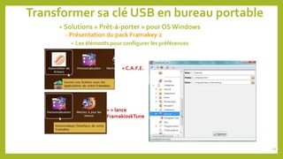 Transformer sa clé USB en bureau portable
• Solutions « Prêt-à-porter » pour OS Windows
o Présentation du pack Framakey 2
• Les éléments pour configurer les préférences
= C.A.F.E.
= > lance
FramakioskTune
59
 