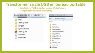 Transformer sa clé USB en bureau portable
• Solutions « Prêt-à-porter » pour OS Windows
o Organisation du bureau Liberkey
64
 