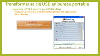 Transformer sa clé USB en bureau portable
• Solutions « Prêt-à-porter » pour OS Windows
o Processus de mise à jour et de téléchargement des applications
de la Liberkey
71
 