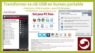 Transformer sa clé USB en bureau portable
• Solutions « Prêt-à-porter » pour OS Windows
o PortableApps – http://portableapps.com/
75
 