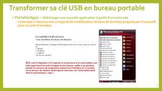 Transformer sa clé USB en bureau portable
• PortableApps – Télécharger une nouvelle application à partir d’un autre site
o L’exemple ci-dessous est un logiciel de modélisation de base de données proposé par Framasoft
pour sa suite Framakey
∆ En cas d’intégration d’un logiciel en provenance d’un autre éditeur que
celui ayant fourni la suite d’origine et son lanceur, veiller à ne pas faire
pointer le raccourci du programme présent sur l’interface (cf. ci-contre)
sur le lanceur de l’éditeur dudit logiciel mais bien sur l’exécutable (situé
dans le sous-dossier « app ».
78
 