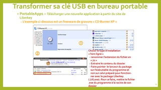 Transformer sa clé USB en bureau portable
• PortableApps – Télécharger une nouvelle application à partir du site de
Liberkey
o L’exemple ci-dessous est un freeware de gravure « CD Burner XP »


Choisir le type d’installation
« hors ligne »
- renommer l’extension du fichier en
« 7z »
- Extraire le contenu du dossier
- Faire pointer le lanceur du package
sur l’exécutable du programme et
non sur celui préparé pour fonction-
ner avec le package Liberkey
(.LKLexe). Pour ce faire, mettre le fichier
.exe du programme à la racine de son
dossier
79
 