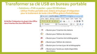 Transformer sa clé USB en bureau portable
• Solutions « Prêt-à-porter » pour OS Windows
o Utiliser Firefox portable avec Zotero et le plugin d’intégration
pour le traitement de texte Libre Office grâce à PortableApps
8)Vérifier l’intégration du plugin Libre Office
dans l’interface de Libre Office Writer
= Bouton pour l’insertion de citations
= Bouton pour l’édition de citations
= Bouton pour l’insertion de la bibliographie
= Bouton pour l’édition de citations
= Bouton pour la mise à jour de la bibliographie
= Bouton pour l’accès aux styles disponibles
dans Zotero 93
 