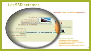 Les SSD externes
qui est de la mémoire flash
Exemples de comparatifs :
http://www.clubic.com/disque-dur-
memoire/disques-d...