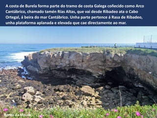 A costa de Burela forma parte do tramo de costa Galega coñecido como Arco
Cantábrico, chamado tamén Rías Altas, que vai desde Ribadeo ata o Cabo
Ortegal, á beira do mar Cantábrico. Unha parte pertence á Rasa de Ribadeo,
unha plataforma aplanada e elevada que cae directamente ao mar.
Ronca da Moura
 
