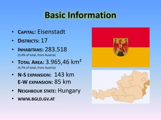 Basic InformationCapital: EisenstadtDistricts: 17Inhabitans: 283.518(3,4% of total, from Austria)Total Area: 3.965,46 km²(4,7% of total, from Austria)N-S expansion: 143 kmE-W expansion: 85 kmNeighbour state: Hungarywww.bgld.gv.at