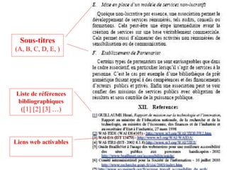 Sous-titres
(A, B, C, D, E, )




Liste de références
 bibliographiques
  ([1]  [2]  [3]  …)



Liens web activables
 