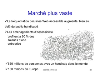 Marché plus vaste
La fréquentation des sites Web accessible augmente, bien au
delà du public handicapé
Les  aménagements  d’accessibilité
  profitent à 60 % des
  salariés  d’une  
  entreprise




650 millions de personnes avec un handicap dans le monde
100 millions en Europe     FFFOD - 19/06/12                   24
 