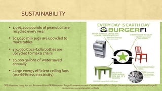 SUSTAINABILITY
▪ 1,076,400 pounds of peanut oil are
recycled every year
▪ 701,040 milk jugs are upcycled to
make tables
▪ 150,960 Coca-Cola bottles are
upcycled to make chairs
▪ 20,000 gallons of water saved
annually
▪ Large energy efficient ceiling fans
(use 66% less electricity)
QRS Magazine. (2015, Apr 22). Retrieved from QRS Magazine: BurgerFi reviews success of sustainability efforts.: https://www.qrsmagazine.com/news/burgerfi-
reviews-success-sustainability-efforts
 