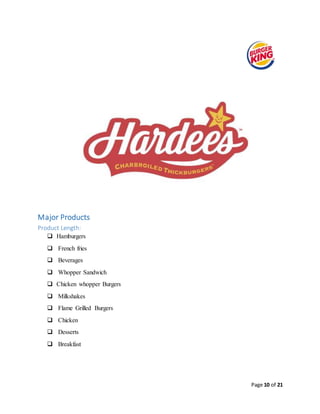 Page 10 of 21
Major Products
Product Length:
 Hamburgers
 French fries
 Beverages
 Whopper Sandwich
 Chicken whopper Burgers
 Milkshakes
 Flame Grilled Burgers
 Chicken
 Desserts
 Breakfast
 