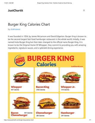11/4/21, 8:28 AM Burger King Calories Chart - Nutrition Guide by Size & Serving
https://www.justchartit.com/burger-king-calories-chart/ 1/7
Burger King Calories Chart
by shahnawaz
It was founded in 1954, by James McLamore and David Edgerton. Burger King is known to
be the second-largest fast-food hamburger restaurant in the whole world. Initially, it was
named Insta-Burger King but then later changed to the official name Burger King. It is
known to be the Original Home Of Whopper, they commit to providing you with amazing
ingredients, signature sauces, and a splendid dining experience.
JustChartit
 