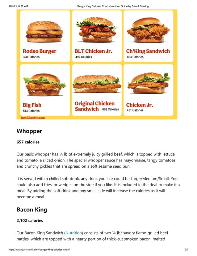 Burger king calories chart Nutrition guide