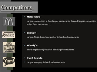 Competitors McDonald's  –  Largest competitor in hamburger restaurants. Second largest competitor in fast food restaurants. Subway  -  Largest Single brand competitor in fast food restaurants. Wendy's  -  Third largest competitor in hamburger restaurants. Yum! Brands  -  Largest company in fast food restaurants. 