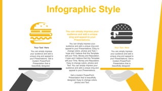 Infographic Style
You can simply impress
your audience and add a
unique zing and appeal to
your Presentations. Get a
modern PowerPoint
Presentation that is
beautifully designed.
Your Text Here
You can simply impress
your audience and add a
unique zing and appeal to
your Presentations. Get a
modern PowerPoint
Presentation that is
beautifully designed.
Your Text Here
You can simply impress your
audience and add a unique zing and
appeal to your Presentations. Easy to
change colors, photos and Text. I
hope and I believe that this Template
will your Time, Money and Reputation.
I hope and I believe that this Template
will your Time, Money and Reputation.
Easy to change colors, photos and
Text. You can simply impress your
audience and add a unique zing and
appeal to your Presentations.
Get a modern PowerPoint
Presentation that is beautifully
designed. Easy to change colors,
photos and Text.
You can simply impress your
audience and add a unique
zing and appeal to your
Presentations.
 