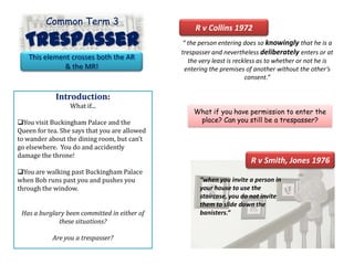 Common Term 3TrespasserR v Collins 1972“ the person entering does so knowinglythat he is a trespasser and nevertheless deliberatelyenters or at the very least is reckless as to whether or not he is entering the premises of another without the other’s consent.”This element crosses both the AR & the MR!Introduction:What if...You visit Buckingham Palace and the Queen for tea. She says that you are allowed to wander about the dining room, but can’t go elsewhere.  You do and accidently damage the throne! 