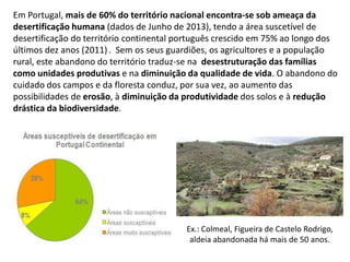 Em Portugal, mais de 60% do território nacional encontra-se sob ameaça da
desertificação humana (dados de Junho de 2013), tendo a área suscetível de
desertificação do território continental português crescido em 75% ao longo dos
últimos dez anos (2011) . Sem os seus guardiões, os agricultores e a população
rural, este abandono do território traduz-se na desestruturação das famílias
como unidades produtivas e na diminuição da qualidade de vida. O abandono do
cuidado dos campos e da floresta conduz, por sua vez, ao aumento das
possibilidades de erosão, à diminuição da produtividade dos solos e à redução
drástica da biodiversidade.

Ex.: Colmeal, Figueira de Castelo Rodrigo,
aldeia abandonada há mais de 50 anos.

 
