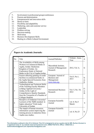 The information outlined in this CV is fictional. This CV is designed to act as a guide only for MR. Burhan Al-omari is
a registered name of my website www.burhanalomari.com/, 00962776275312, Office: +35643128, e-
mail/arnafomari@gmail.com/ alpmariburhan@yahoo.com
7- Involvement in professional groups/conferences
8- Passion and determination
9- Entrepreneurial and innovation skills
10- Desire to learn
11- Flexibility and adaptability
12- Marketing, sales and customer service
13- Leadership
14- Problem solving
15- Decision-making
16- Motivation
17- Business Development Skills
18- Dealing in a Multi-Cultural Environment
Papers in Academic Journals:
No Title Journal/Publisher
Volume , Issue,
Year
A
1
The Availability of Skills among
Workers in Commercial Banks in
Aqaba, Jordan: Hashemite
Kingdom of Jordan: An
Exploratory Study in National
Banks in the City of Aqaba-Jordan.
Macrothink Institute,
Journal of Management
Research
2012, Vol. 4, Si
2
Factors affecting granting of credit
facilities in commercial banks in
the Aqaba Special Economic Zone
Authority- Jordan.
European Journal of
Business and
Management
www.iiste.org,
Vol.5, No.1,
2013
Se
ou
fo
3
Technological and Technical Skills
of the Teaching Faculty Members
in Balqa Applied University /
Jordan, In the Light of
Comprehensive Quality Standards
from the Viewpoint of a Number of
Colleges Students
International Business
Research
Vol. 5, No. 10;
2012
Fi
ou
th
4
Receptive of Jordanian University"
Lecturers of the TQM standard in
higher education" Field study/
University of Jordan
European Scientific
Journal
vol. 8, No.5
March
S
5
The impact of human resources
information system improving the
training process in industries firms:
Aqaba case studies.
European Scientific
Journal
vol. 8, No.25 Si
 