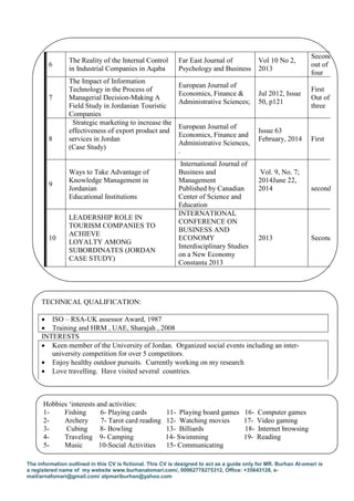 The information outlined in this CV is fictional. This CV is designed to act as a guide only for MR. Burhan Al-omari is
a registered name of my website www.burhanalomari.com/, 00962776275312, Office: +35643128, e-
mail/arnafomari@gmail.com/ alpmariburhan@yahoo.com
6
The Reality of the Internal Control
in Industrial Companies in Aqaba
Far East Journal of
Psychology and Business
Vol 10 No 2,
2013
Second
out of
four
7
The Impact of Information
Technology in the Process of
Managerial Decision-Making A
Field Study in Jordanian Touristic
Companies
European Journal of
Economics, Finance &
Administrative Sciences;
Jul 2012, Issue
50, p121
First
Out of
three
8
Strategic marketing to increase the
effectiveness of export product and
services in Jordan
(Case Study)
European Journal of
Economics, Finance and
Administrative Sciences,
.
Issue 63
February, 2014 First
9
Ways to Take Advantage of
Knowledge Management in
Jordanian
Educational Institutions
International Journal of
Business and
Management
Published by Canadian
Center of Science and
Education
Vol. 9, No. 7;
2014June 22,
2014 second
10
LEADERSHIP ROLE IN
TOURISM COMPANIES TO
ACHIEVE
LOYALTY AMONG
SUBORDINATES (JORDAN
CASE STUDY)
INTERNATIONAL
CONFERENCE ON
BUSINESS AND
ECONOMY
Interdisciplinary Studies
on a New Economy
Constanta 2013
2013 Second
TECHNICAL QUALIFICATION:
• ISO – RSA-UK assessor Award, 1987
• Training and HRM , UAE, Sharajah , 2008
INTERESTS
• Keen member of the University of Jordan. Organized social events including an inter-
university competition for over 5 competitors.
• Enjoy healthy outdoor pursuits. Currently working on my research
• Love travelling. Have visited several countries.
Hobbies ‘interests and activities:
1- Fishing 6- Playing cards 11- Playing board games 16- Computer games
2- Archery 7- Tarot card reading 12- Watching movies 17- Video gaming
3- Cubing 8- Bowling 13- Billiards 18- Internet browsing
4- Traveling 9- Camping 14- Swimming 19- Reading
5- Music 10-Social Activities 15- Communicating
 