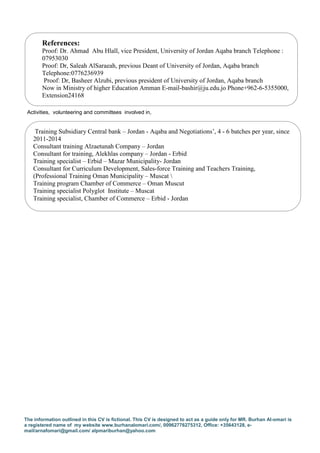 The information outlined in this CV is fictional. This CV is designed to act as a guide only for MR. Burhan Al-omari is
a registered name of my website www.burhanalomari.com/, 00962776275312, Office: +35643128, e-
mail/arnafomari@gmail.com/ alpmariburhan@yahoo.com
Activities, volunteering and committees involved in,
References:
Proof: Dr. Ahmad Abu Hlall, vice President, University of Jordan Aqaba branch Telephone :
07953030
Proof: Dr, Saleah AlSaraeah, previous Deant of University of Jordan, Aqaba branch
Telephone:0776236939
Proof: Dr, Basheer Alzubi, previous president of University of Jordan, Aqaba branch
Now in Ministry of higher Education Amman E-mail-bashir@ju.edu.jo Phone+962-6-5355000,
Extension24168
Training Subsidiary Central bank – Jordan - Aqaba and Negotiations’, 4 - 6 batches per year, since
2011-2014
Consultant training Alzaetunah Company – Jordan
Consultant for training, Alekhlas company – Jordan - Erbid
Training specialist – Erbid – Mazar Municipality- Jordan
Consultant for Curriculum Development, Sales-force Training and Teachers Training,
(Professional Training Oman Municipality – Muscat 
Training program Chamber of Commerce – Oman Muscut
Training specialist Polyglot Institute – Muscat
Training specialist, Chamber of Commerce – Erbid - Jordan
 