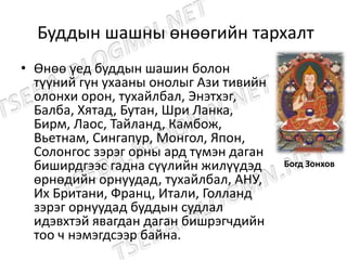 Буддын шашны өнөөгийн тархалт
• Өнөө үед буддын шашин болон
түүний гүн ухааны онолыг Ази тивийн
олонхи орон, тухайлбал, Энэтхэг,
Балба, Хятад, Бутан, Шри Ланка,
Бирм, Лаос, Тайланд, Камбож,
Вьетнам, Сингапур, Монгол, Япон,
Солонгос зэрэг орны ард түмэн даган
биширдгээс гадна сүүлийн жилүүдэд
өрнөдийн орнуудад, тухайлбал, АНУ,
Их Британи, Франц, Итали, Голланд
зэрэг орнуудад буддын судлал
идэвхтэй явагдан даган бишрэгчдийн
тоо ч нэмэгдсээр байна.
Богд Зонхов
 