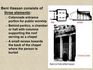 Beni Hassan consists of
three elements:
– Colonnade entrance
portico for public worship
– Behind portico, a chamber
or hall with columns
supporting the roof
serving as a chapel
– A small recess towards
the back of the chapel
where the person is
buried
 