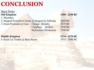 CONCLUSION
Major Works
Old Kingdom
1. Mastabas
2. Stepped Pyramid of Zozer @ Saqqara by Imhotep
3. Great Pyramids @ Giza Cheops (Khufu)
Chephren (Kafra)
Mykerinus (Menkaura)
Middle Kingdom
4. Rock Cut Tombs @ Beni Hasan
3200 - 2258 BC
2650 BC
2575 BC
2530 BC
2500 BC
2134 - 1570 BC
1975 - 1800 BC
 