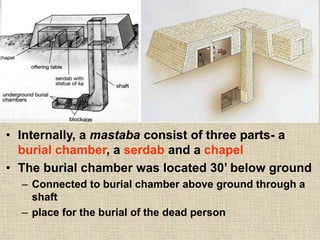 • Internally, a mastaba consist of three parts- a
burial chamber, a serdab and a chapel
• The burial chamber was located 30’ below ground
– Connected to burial chamber above ground through a
shaft
– place for the burial of the dead person
 