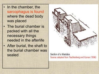 • In the chamber, the
sarcophagus is found
where the dead body
was placed
• The burial chamber is
packed with all the
necessary things
needed in the afterlife
• After burial, the shaft to
the burial chamber was
sealed
 