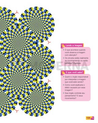 133
O que você sabe?
• Qual é o órgão responsável
por interpretar a imagem
que você está vendo?
• Como você explicaria o
efeito causado por essa
imagem?
• Que órgão controla seu
pensamento? E seus
movimentos?
• O que acontece quando
você observa a imagem
com atenção?
• Os círculos estão realmente
se movimentando ou estão
parados? Explique.
Lendo a imagem
133
PDF_132-145-U9-BUCIE5-M.indd 133 11/1/13 12:55 PM
 