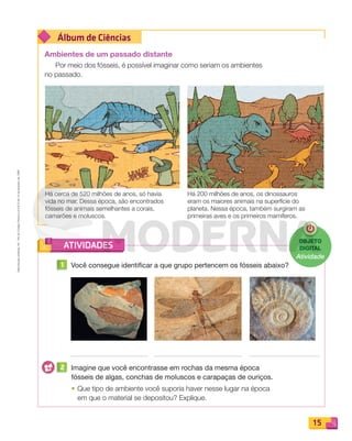Reproduçãoproibida.Art.184doCódigoPenaleLei9.610de19defevereirode1998.
15
Álbum de Ciências
ATIVIDADES
Ambientes de um passado distante
Por meio dos fósseis, é possível imaginar como seriam os ambientes
no passado.
Há 200 milhões de anos, os dinossauros
eram os maiores animais na superfície do
planeta. Nessa época, também surgiram as
primeiras aves e os primeiros mamíferos.
Há cerca de 520 milhões de anos, só havia
vida no mar. Dessa época, são encontrados
fósseis de animais semelhantes a corais,
camarões e moluscos.
1 Você consegue identificar a que grupo pertencem os fósseis abaixo?
2 Imagine que você encontrasse em rochas da mesma época
fósseis de algas, conchas de moluscos e carapaças de ouriços.
• Que tipo de ambiente você suporia haver nesse lugar na época
em que o material se depositou? Explique.
OBJETO
DIGITAL
Atividade
PDF_008-021-U1-BUCIE5-M.indd 15 10/30/13 6:34 PM
 