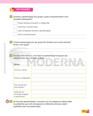Reproduçãoproibida.Art.184doCódigoPenaleLei9.610de19defevereirode1998.
151
ATIVIDADES
1 Durante a apresentação dos grupos, quais comportamentos você
considera adequados?
Prestar atenção enquanto o colega fala.
Conversar o tempo todo.
Fazer anotações durante a apresentação.
Outro comportamento.
2 O bioma pesquisado por seu grupo faz fronteira com outros biomas?
Se faz, com quais?
3 Escolha outro bioma e, com base na apresentação do grupo que
trabalhou com ele, complete a tabela.
Bioma:
Como é o clima?
Como é a vegetação?
Que animais são
encontrados?
Quais são as
principais ameaças
a esse bioma?
4 Ao final das apresentações, converse com os colegas da classe sobre
os problemas que vêm ameaçando os diferentes biomas e deem
sugestões para sua preservação.
PDF_146-175-SA-BUCIE5-M.indd 151 11/4/13 12:17 PM
 