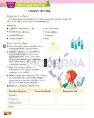 Reproduçãoproibida.Art.184doCódigoPenaleLei9.610de19defevereirode1998.
156
UNIDADE
Vamos experimentar4
Aquecimento solar
O que você vai fazer
Investigar quais materiais permitem maior aquecimento da água exposta ao
Sol. Depois, elaborar um projeto de aquecedor solar.
Material
• 4 garrafas plásticas de 500 mc • folha de alumínio
• termômetro de laboratório • rolo de algodão
• papel sulﬁte preto • ﬁta adesiva
• papel sulﬁte branco • água
Como você vai fazer
1. Coloquem água nas garrafas até mais ou
menos metade de sua capacidade.
2. Cubram a lateral de uma garrafa com
o papel sulﬁte branco; outra, com o
papel sulﬁte preto; outra, com a folha
de alumínio e a última com o algodão.
Usem a ﬁta adesiva para ﬁxar os
materiais às garrafas.
3. Com o termômetro, meçam a
temperatura inicial da água e anotem
o valor no quadro abaixo.
4. Deixem as garrafas expostas ao Sol por cerca
de duas horas. Após esse tempo, meçam
novamente a temperatura da água em cada
garrafa e anotem o valor no quadro.
5. Discutam os resultados com a turma.
Cobertura da garrafa Temperatura inicial Temperatura final
Papel preto
Papel branco
Folha de alumínio
Algodão
PDF_146-175-SA-BUCIE5-M.indd 156 11/1/13 4:21 PM
 