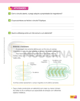 Reproduçãoproibida.Art.184doCódigoPenaleLei9.610de19defevereirode1998.
161
ATIVIDADES
campo
magnético
campo
magnético
fio elétrico
fio elétrico com
muitas voltas
1 Com o circuito aberto, o prego adquire a propriedade do magnetismo?
2 O que aconteceu ao fechar o circuito? Explique.
3 Qual é a diferença entre um ímã comum e um eletroímã?
• Faça o teste construindo um eletroímã com maior ou menor número
de voltas no fio e verifique sua capacidade de atração com diferentes
objetos metálicos.
Entenda o fenômeno
A passagem de corrente elétrica por um ﬁo cria um campo
magnético à sua volta, semelhante ao de um ímã, porém mais fraco.
Para fazer esse campo magnético ﬁcar mais forte, dão-se
muitas voltas com o ﬁo elétrico, somando-se o campo magnético a
cada volta.
As linhas verdes representam o campo magnético do fio elétrico (amarelo).
PDF_146-175-SA-BUCIE5-M.indd 161 11/4/13 12:23 PM
 