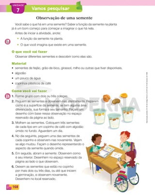 Reproduçãoproibida.Art.184doCódigoPenaleLei9.610de19defevereirode1998.
168
UNIDADE
Vamos pesquisar7
Observação de uma semente
Você sabe o que há em uma semente? Saber a função da semente na planta
já é um bom começo para começar a imaginar o que há nela.
Antes de iniciar a atividade, anote:
• A função da semente na planta.
• O que você imagina que existe em uma semente.
O que você vai fazer
Observar diferentes sementes e descobrir como elas são.
Material
• sementes de feijão, grão-de-bico, girassol, milho ou outras que tiver disponíveis.
• algodão
• um pouco de água
• copinhos plásticos de café
Como você vai fazer
1. Forme grupo com dois ou três colegas.
2. Peguem as sementes e observem-nas atentamente. Reparem
como é a superfície da semente, se tem alguma área
diferenciada, sua forma e seu tamanho. Façam um
desenho com base nessa observação no espaço
reservado da página ao lado.
3. Molhem as sementes. Coloquem três sementes
de cada tipo em um copinho de café com algodão
úmido no fundo. Aguardem um dia.
4. No dia seguinte, peguem uma das sementes de
cada copinho e observem-nas novamente. Vejam
se algo mudou. Façam o desenho representando o
aspecto da semente quando úmida.
5. Em seguida, abram a semente. Observem como
é seu interior. Desenhem no espaço reservado da
página ao lado o que observam.
6. Deixem as sementes que estão no copinho
por mais dois ou três dias, ou até que iniciem
a germinação, e observem novamente.
Desenhem no local reservado.
PDF_146-175-SA-BUCIE5-M.indd 168 11/1/13 4:26 PM
 