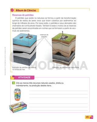 Reproduçãoproibida.Art.184doCódigoPenaleLei9.610de19defevereirode1998.
45
Álbum de Ciências
ATIVIDADE
Reservas de petróleo
O petróleo que existe na natureza se formou a partir da transformação
química de restos de seres vivos que foram cobertos por sedimentos ao
longo de milhares de anos. Por essa razão, o petróleo e seus derivados são
chamados de combustíveis fósseis. Também é esse o motivo de as reservas
de petróleo serem encontradas em rochas que se formaram a partir do acú-
mulo de sedimentos.
Extração de petróleo de reserva
no fundo do mar.
Extração de petróleo em terra firme.
1 Cite ao menos três recursos naturais usados, direta ou
indiretamente, na produção destes itens.
reservas de
petróleo
PDF_040-053-U3-BUCIE5-M.indd 45 10/30/13 8:39 PM
 