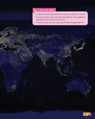 55
O que você sabe?
• O que é preciso para acender as luzes ao redor do mundo?
• O que é preciso para que eletrodomésticos como geladeira,
televisão e computador funcionem?
• O que você faz na sua casa quando falta energia elétrica?
PDF_054-069-U4-BUCIE5-M.indd 55 10/30/13 12:48 PM
 