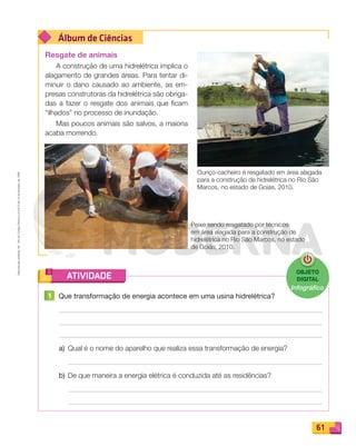 Reproduçãoproibida.Art.184doCódigoPenaleLei9.610de19defevereirode1998.
61
Álbum de Ciências
ATIVIDADE
Resgate de animais
A construção de uma hidrelétrica implica o
alagamento de grandes áreas. Para tentar di-
minuir o dano causado ao ambiente, as em-
presas construtoras da hidrelétrica são obriga-
das a fazer o resgate dos animais que ficam
“ilhados” no processo de inundação.
Mas poucos animais são salvos, a maioria
acaba morrendo.
Peixe sendo resgatado por técnicos
em área alagada para a construção de
hidrelétrica no Rio São Marcos, no estado
de Goiás, 2010.
Ouriço-cacheiro é resgatado em área alagada
para a construção de hidrelétrica no Rio São
Marcos, no estado de Goiás, 2010.
1 Que transformação de energia acontece em uma usina hidrelétrica?
a) Qual é o nome do aparelho que realiza essa transformação de energia?
b) De que maneira a energia elétrica é conduzida até as residências?
OBJETO
DIGITAL
Infográﬁco
PDF_054-069-U4-BUCIE5-M.indd 61 10/30/13 12:48 PM
 