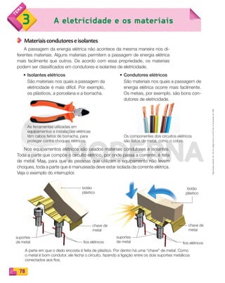 Reproduçãoproibida.Art.184doCódigoPenaleLei9.610de19defevereirode1998.
78
A eletricidade e os materiais3
Materiais condutores e isolantes
A passagem da energia elétrica não acontece da mesma maneira nos di-
ferentes materiais. Alguns materiais permitem a passagem de energia elétrica
mais facilmente que outros. De acordo com essa propriedade, os materiais
podem ser classificados em condutores e isolantes de eletricidade.
Nos equipamentos elétricos são usados materiais condutores e isolantes.
Toda a parte que compõe o circuito elétrico, por onde passa a corrente, é feita
de metal. Mas, para que as pessoas que utilizam o equipamento não levem
choques, toda a parte que é manuseada deve estar isolada da corrente elétrica.
Veja o exemplo do interruptor.
• Isolantes elétricos
São materiais nos quais a passagem da
eletricidade é mais difícil. Por exemplo,
os plásticos, a porcelana e a borracha.
• Condutores elétricos
São materiais nos quais a passagem de
energia elétrica ocorre mais facilmente.
Os metais, por exemplo, são bons con-
dutores de eletricidade.
As ferramentas utilizadas em
equipamentos e instalações elétricas
têm cabos feitos de borracha, para
proteger contra choques elétricos.
Os componentes dos circuitos elétricos
são feitos de metal, como o cobre.
A parte em que o dedo encosta é feita de plástico. Por dentro há uma “chave” de metal. Como
o metal é bom condutor, ele fecha o circuito, fazendo a ligação entre os dois suportes metálicos
conectados aos fios.
suportes
de metal
suportes
de metalfios elétricos fios elétricos
botão
plástico
botão
plástico
chave de
metal
chave de
metal
PDF_070-087-U5-BUCIE5-M.indd 78 10/30/13 1:28 PM
 