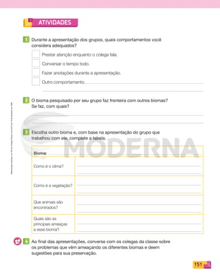 Reprodução
proibida.
Art.184
do
Código
Penal
e
Lei
9.610
de
19
de
fevereiro
de
1998.
151
ATIVIDADES
1 Durante a apresentação dos grupos, quais comportamentos você
considera adequados?
Prestar atenção enquanto o colega fala.
Conversar o tempo todo.
Fazer anotações durante a apresentação.
Outro comportamento.
2 O bioma pesquisado por seu grupo faz fronteira com outros biomas?
Se faz, com quais?
3 Escolha outro bioma e, com base na apresentação do grupo que
trabalhou com ele, complete a tabela.
Bioma:
Como é o clima?
Como é a vegetação?
Que animais são
encontrados?
Quais são as
principais ameaças
a esse bioma?
4 Ao final das apresentações, converse com os colegas da classe sobre
os problemas que vêm ameaçando os diferentes biomas e deem
sugestões para sua preservação.
PDF_146-175-SA-BUCIE5-M.indd 151 11/4/13 12:17 PM
 